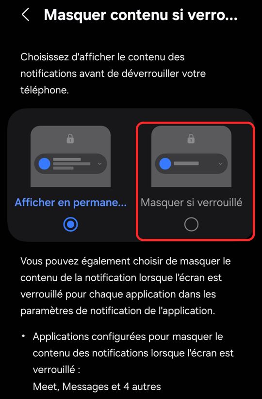 Réglage des notifications sur l’écran verrouillé d’un Samsung Galaxy S21 FE, avec l’option Masquer si verrouillé entourée