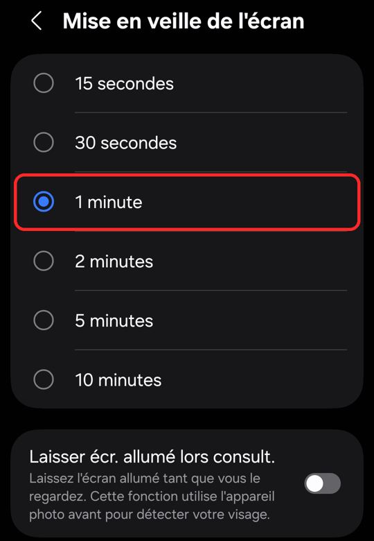 Réglage Mise en veille de l’écran sur un Samsung Galaxy S21 FE, avec 1 minute sélectionnée