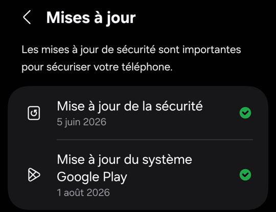 Écran Mises à jour de Samsung montrant la date de la dernière mise à jour de sécurité