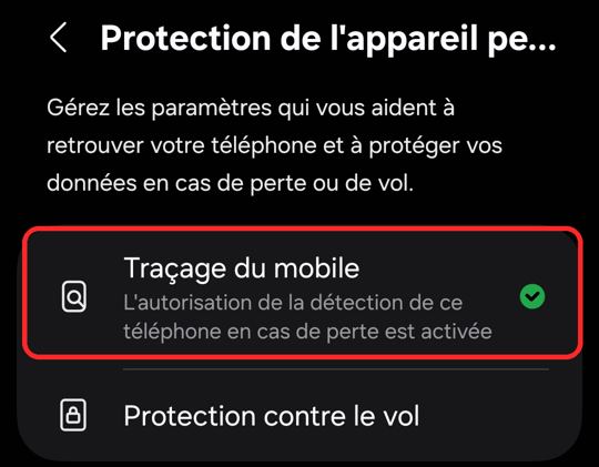 Écran Protection de l’appareil perdu d’un Samsung Galaxy S21 FE, avec Traçage du mobile activé