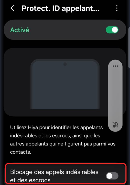 Écran de protection des appels de Samsung utilisant Hiya, avec l’option Blocage des appels indésirables et des escrocs entourée