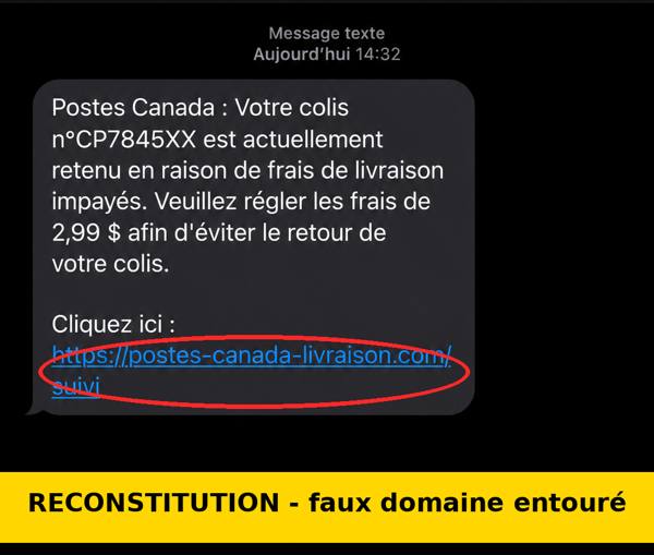 Reconstitution d’un faux SMS Postes Canada réclamant 2,99 $ de frais de livraison, avec un lien vers un faux domaine